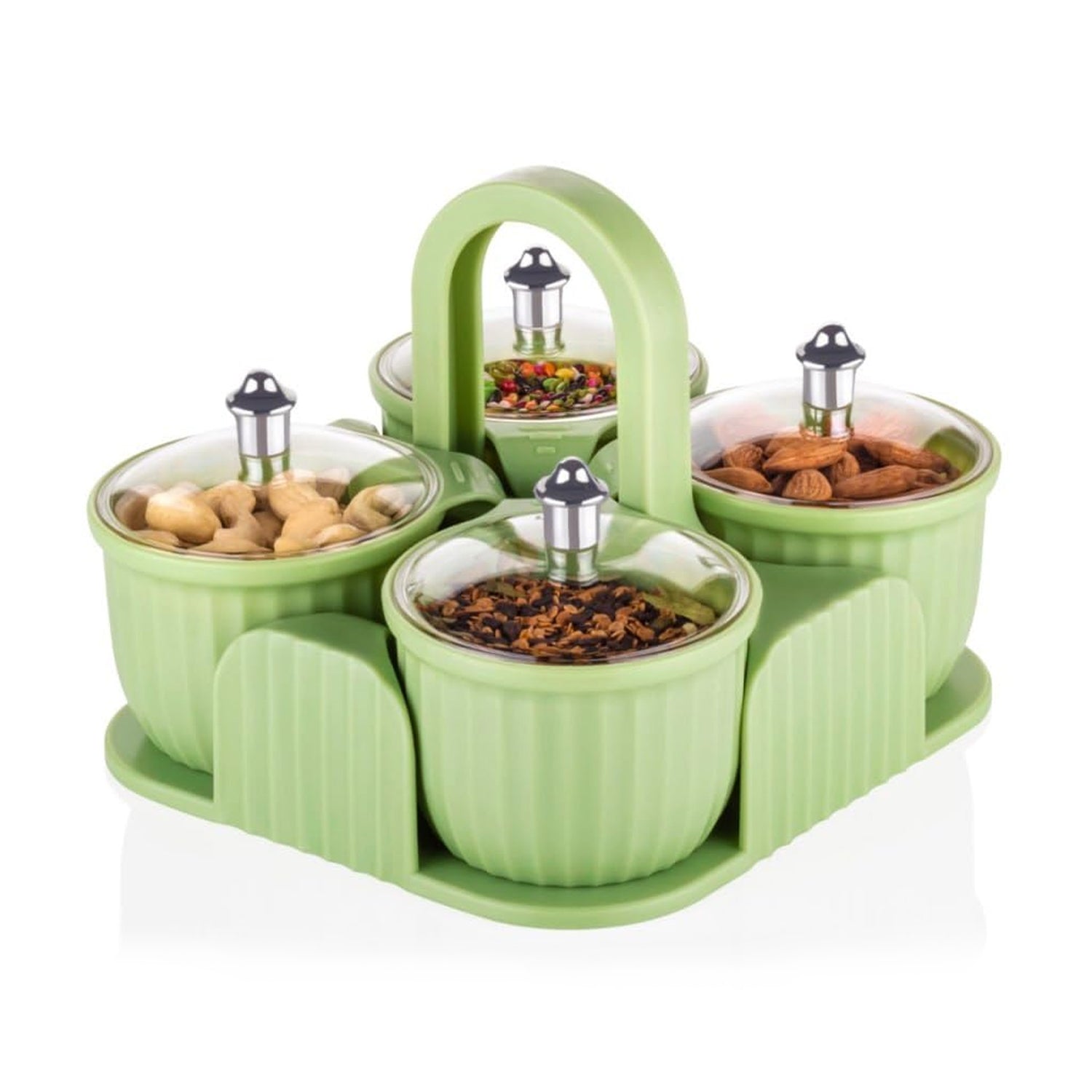 Side view of durable plastic food storage jars with various snacks inside.