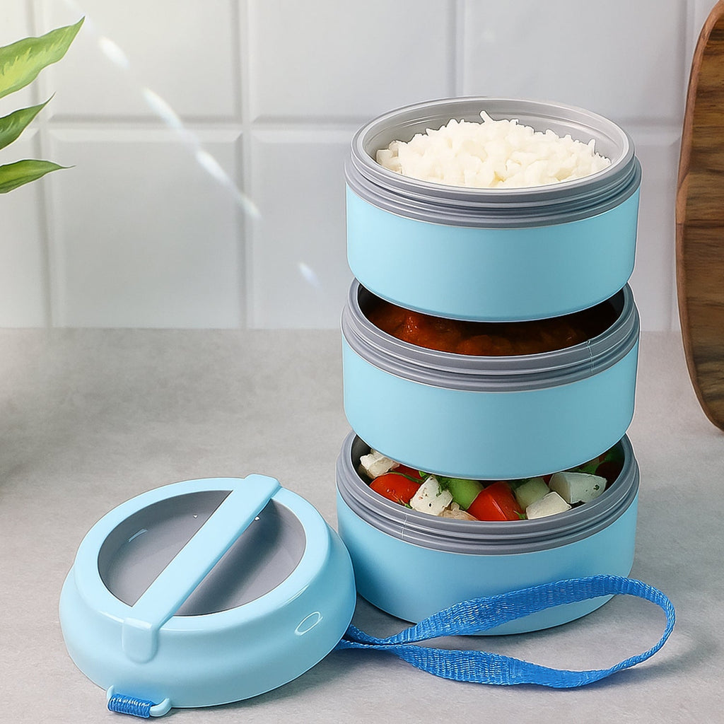 Three stackable insulated food containers forming a lunch box set