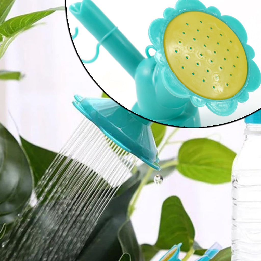 Universal plastic bottle sprinkler nozzle attachment in use for garden plants