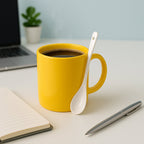 Stylish plastic mug set with matching spoon for hot beverage use