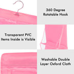 Front view of the transparent hanging bag organizer, displaying six individual compartments.