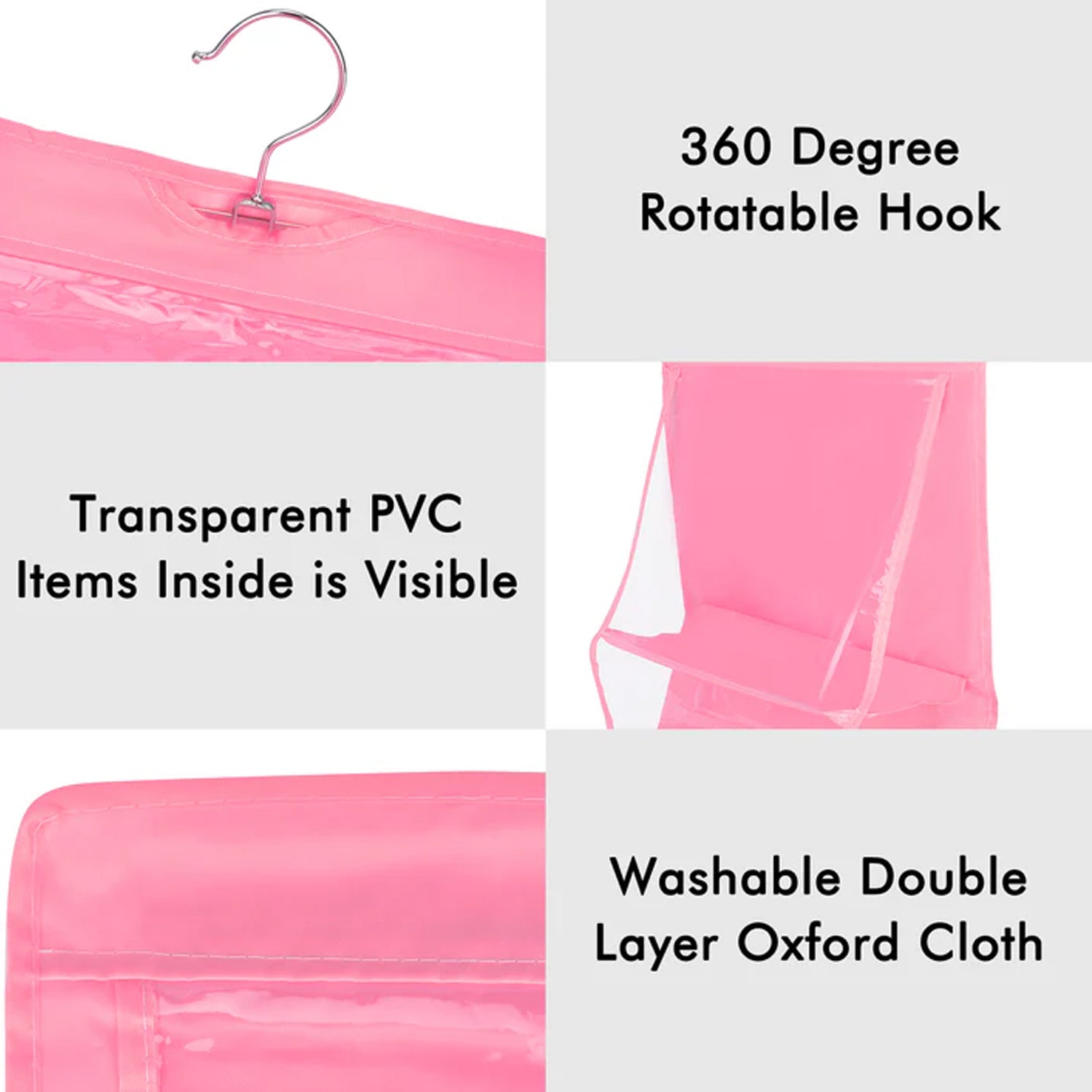Front view of the transparent hanging bag organizer, displaying six individual compartments.
