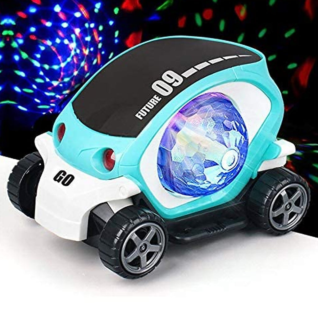 Red rotating stunt car toy illuminated with colorful lights and playing music for kids.