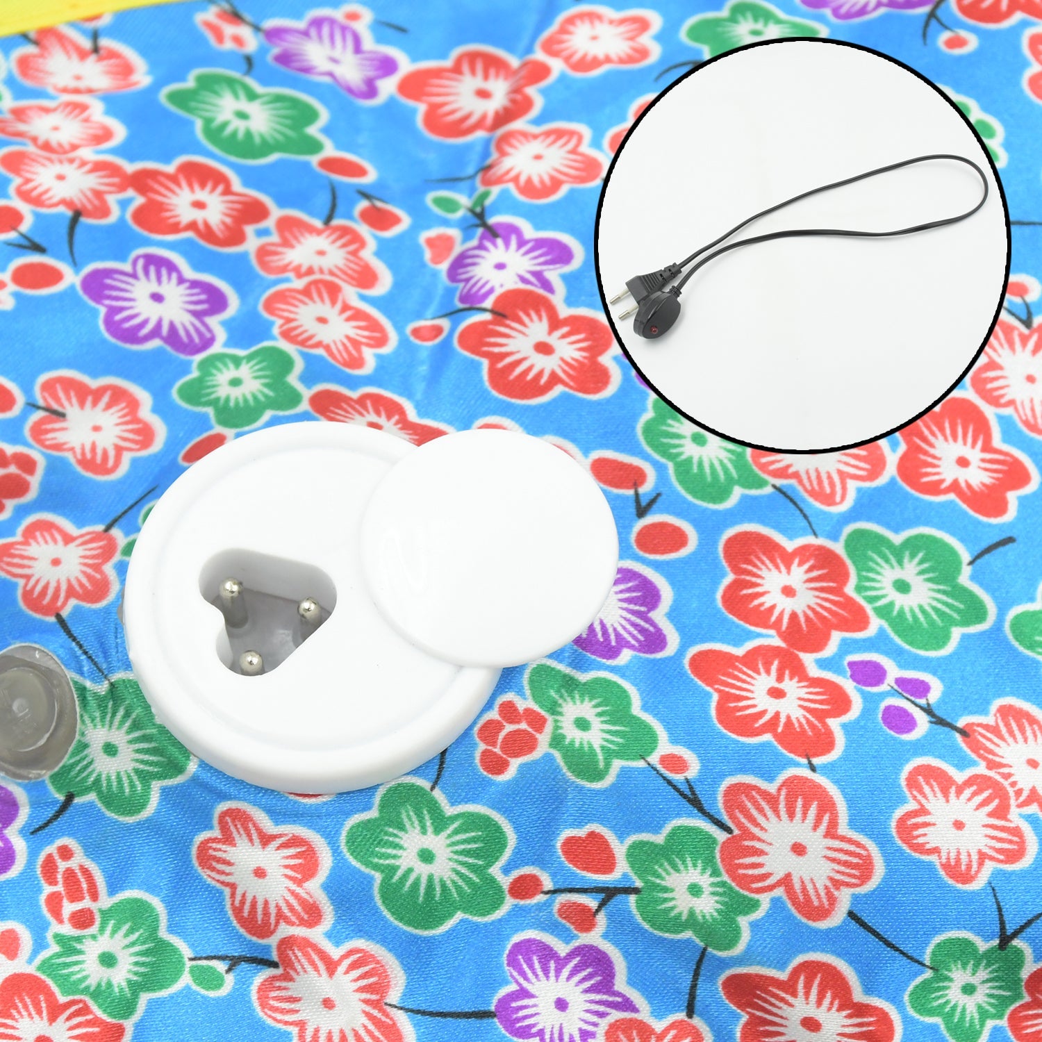 Electric hot water bag with its soft, comfortable exterior for direct application.