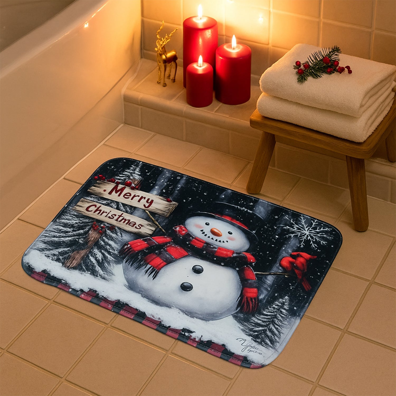 Toilet lid cover featuring Christmas snowman print for festive bathroom set
