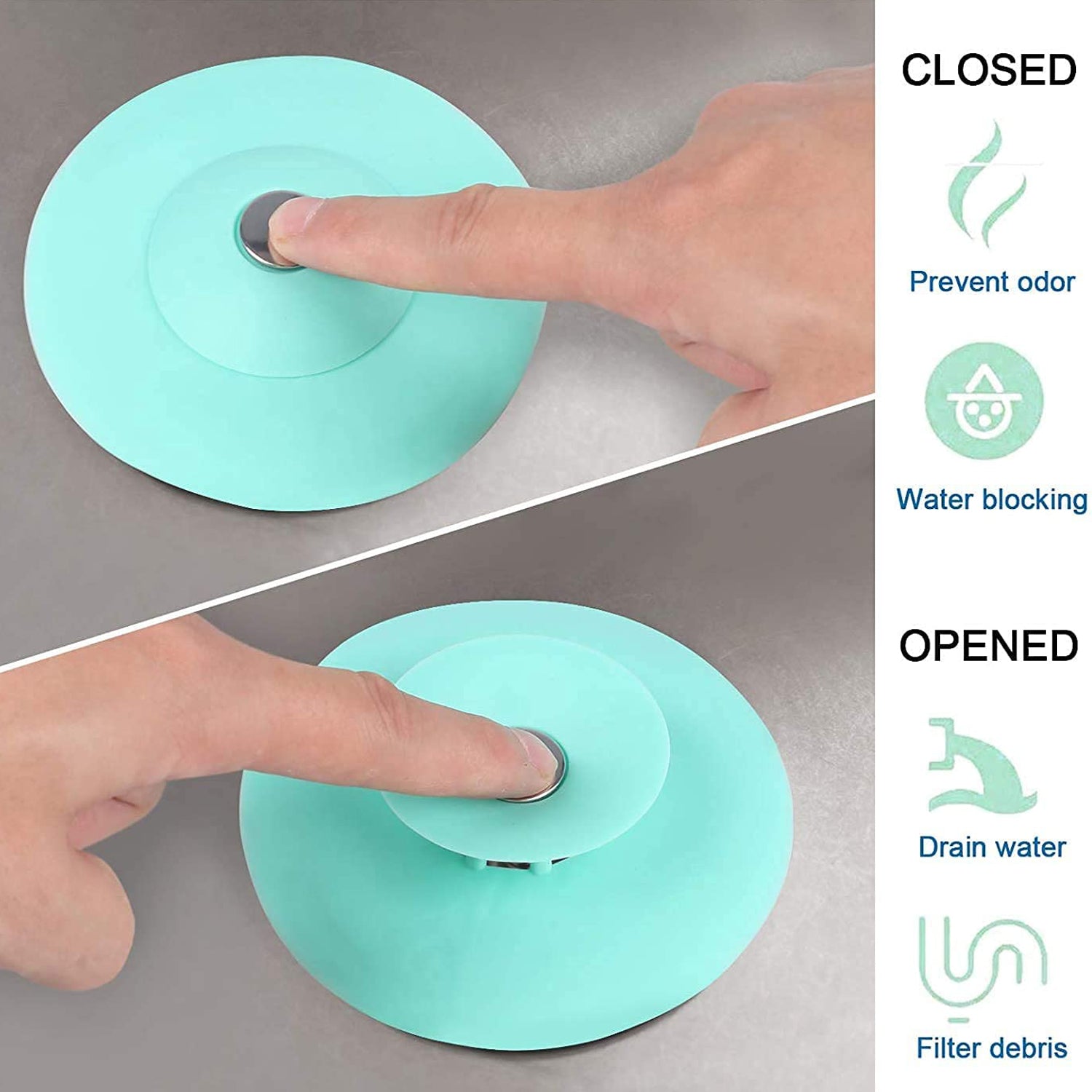 Soft green silicone sink saver cap designed to prevent clogs and protect drains