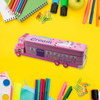 Side profile of the double-decker metal pencil box, highlighting its compact and playful design.