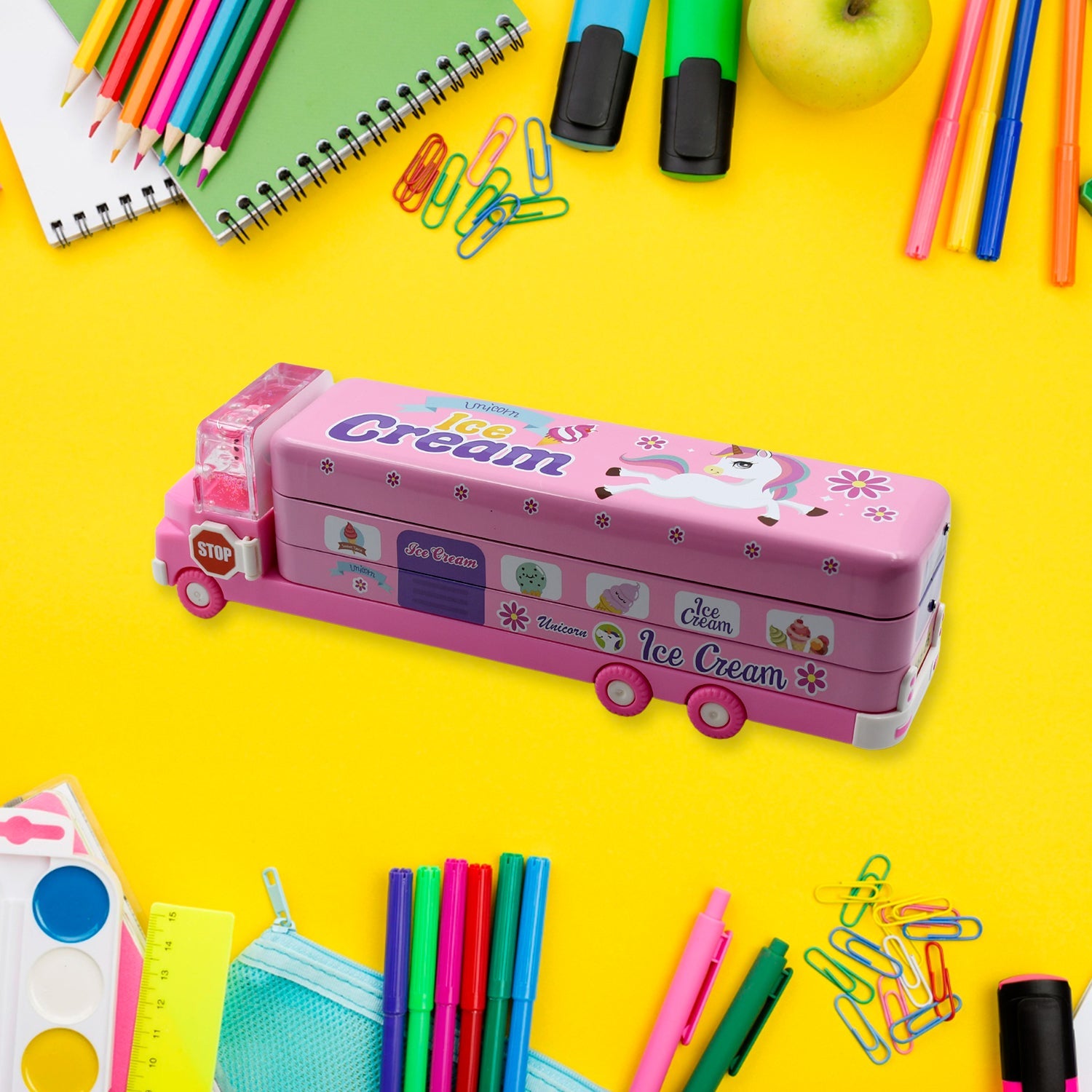 Side profile of the double-decker metal pencil box, highlighting its compact and playful design.