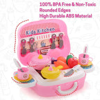Child holding pretend food from the 23-piece kitchen play set