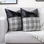 Lifestyle image of the Leather & Cotton Pillow Covers enhancing a modern living room sofa.