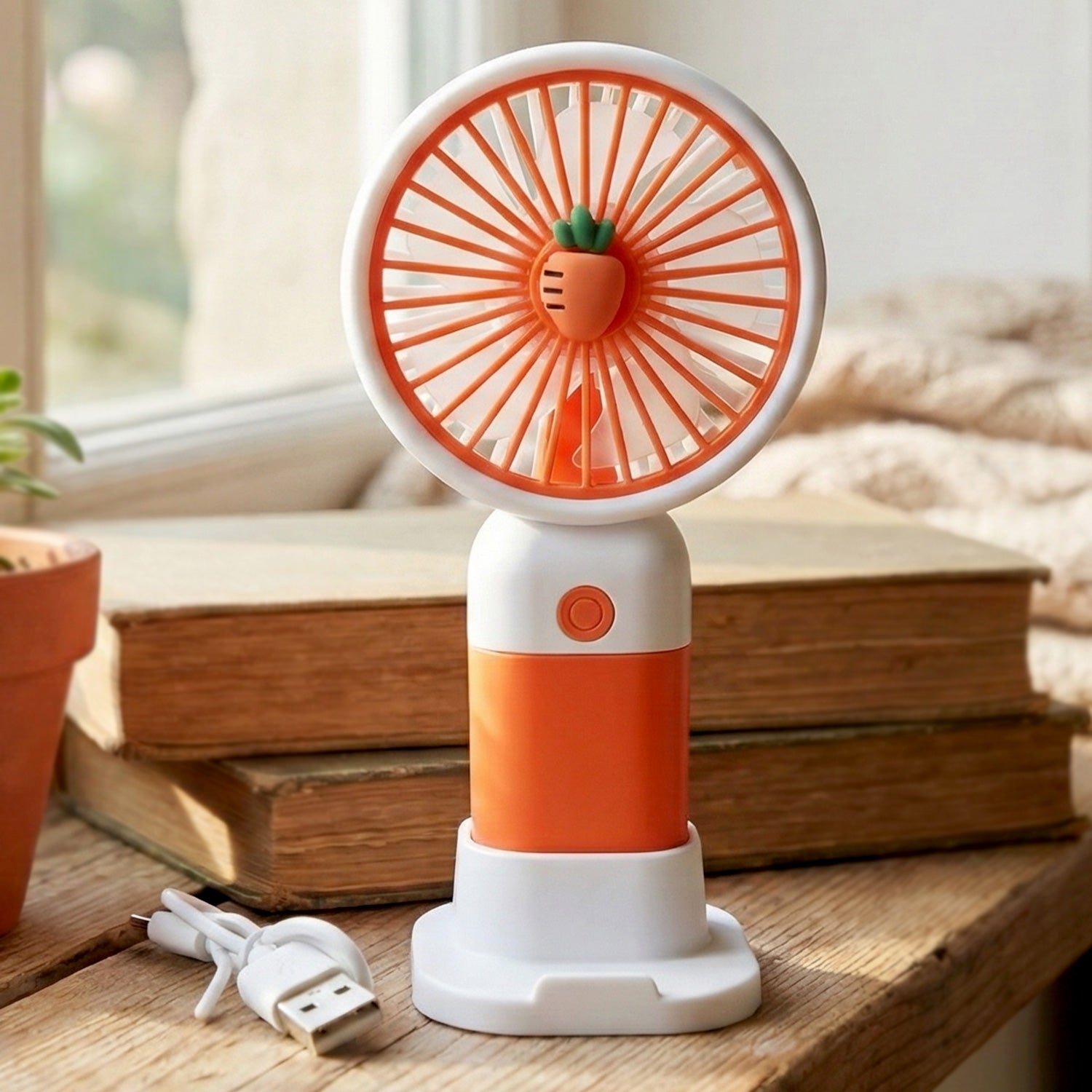 Handheld fan showing USB charging port for convenient recharge