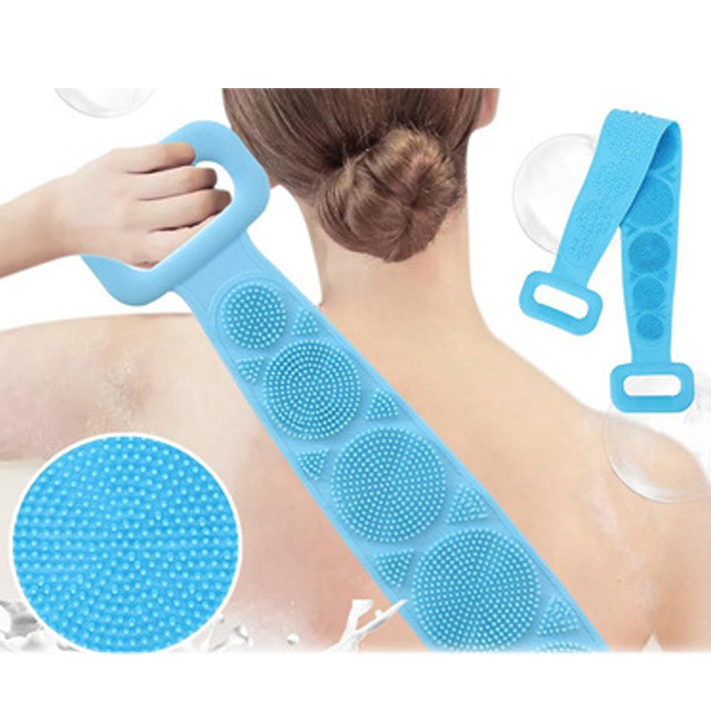 Silicone body back scrubber in pink, shown for deep cleaning.