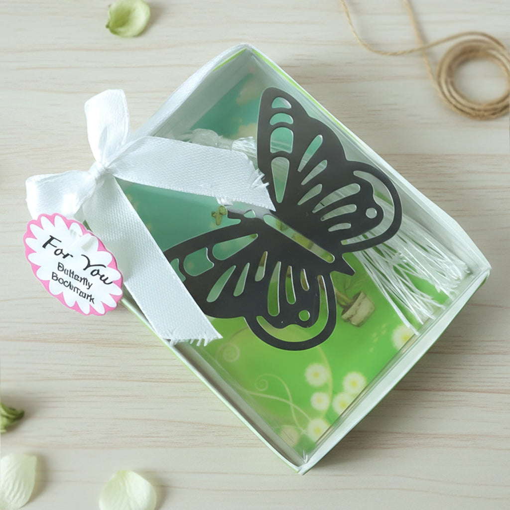 Butterfly shaped metal bookmark featuring smooth edges and decorative tassel