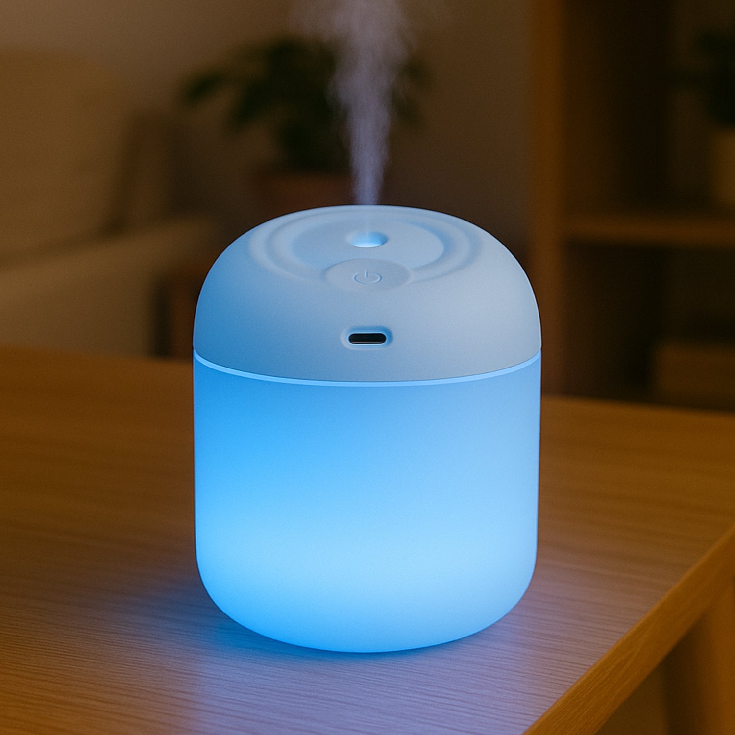 Cute white portable humidifier functioning as an essential oil diffuser.