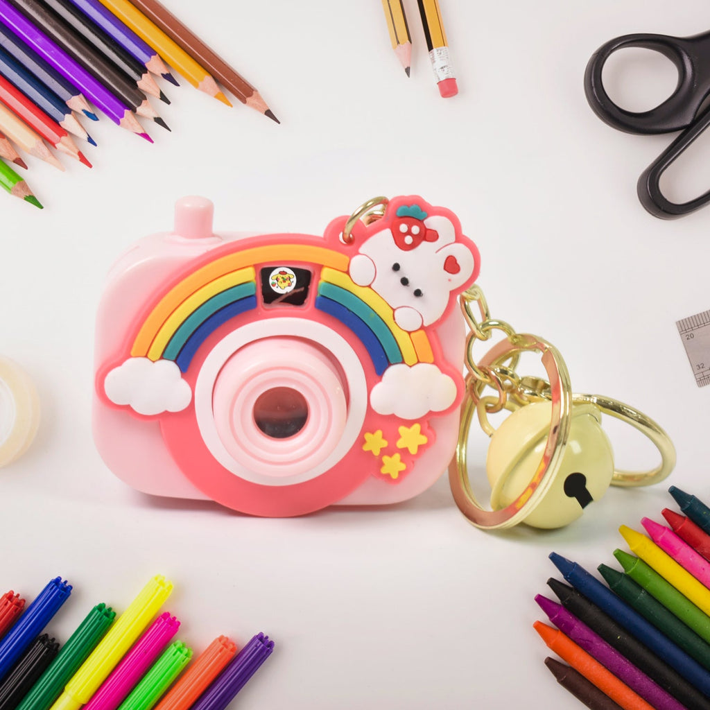 Projective camera keychain angle shot showcasing colorful design