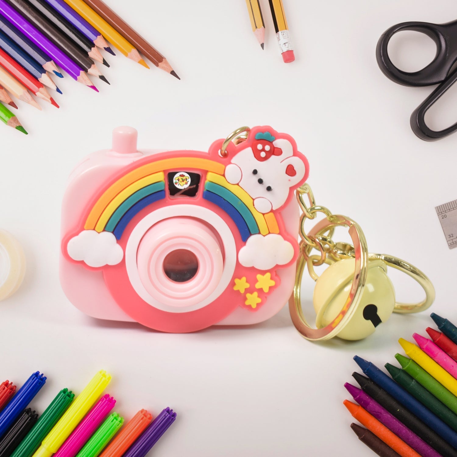 Projective camera keychain angle shot showcasing colorful design