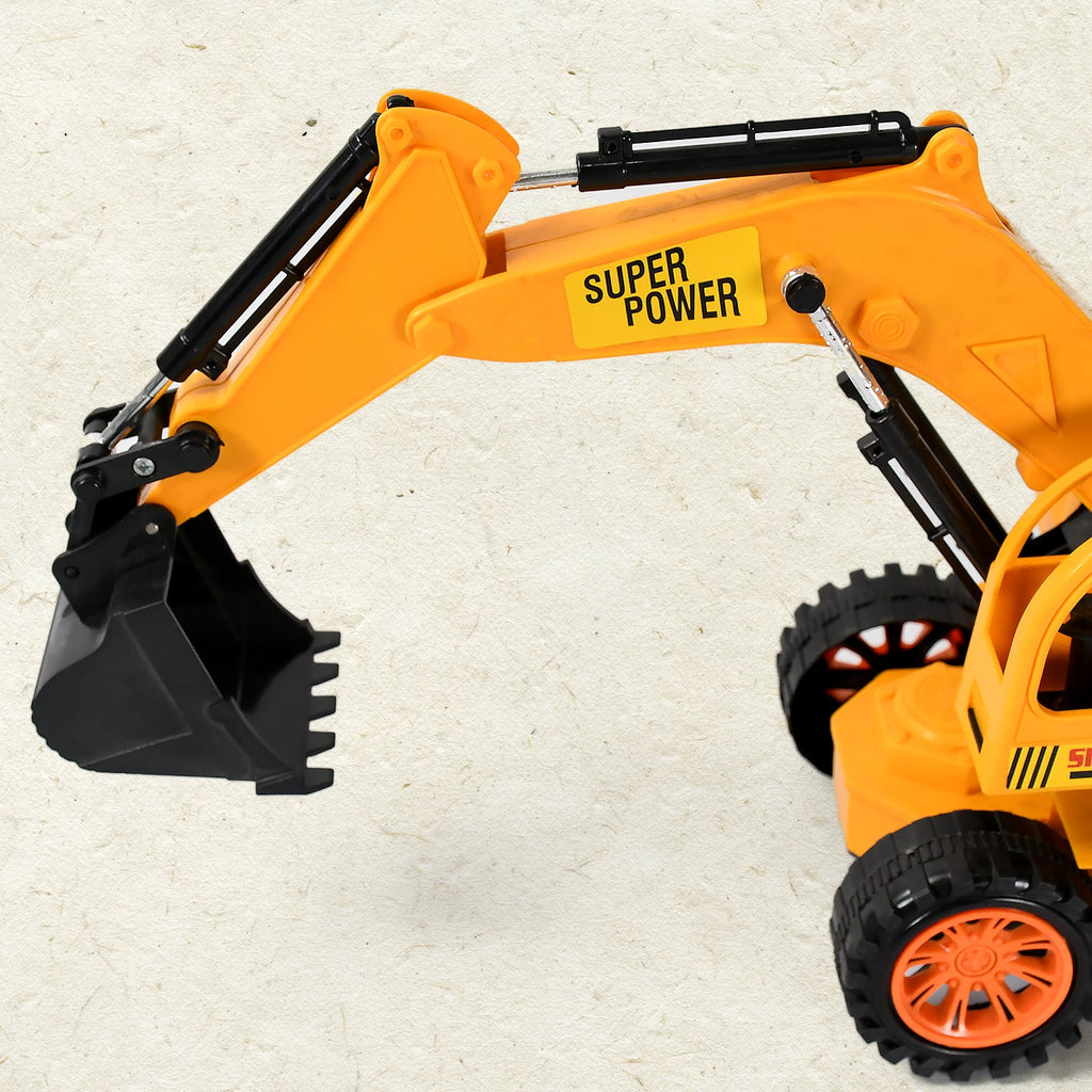 Close-up side view of the JCB excavator toy, emphasizing the realistic details of its tracks and arm.