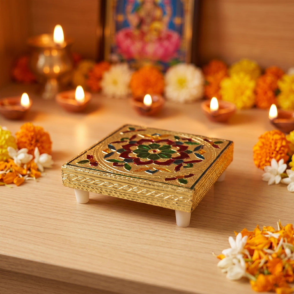 An angled view of the handcrafted wooden bajot, highlighting its sturdy build and colourful design.