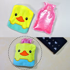 Cute yellow duck hot water bag providing soothing warmth.