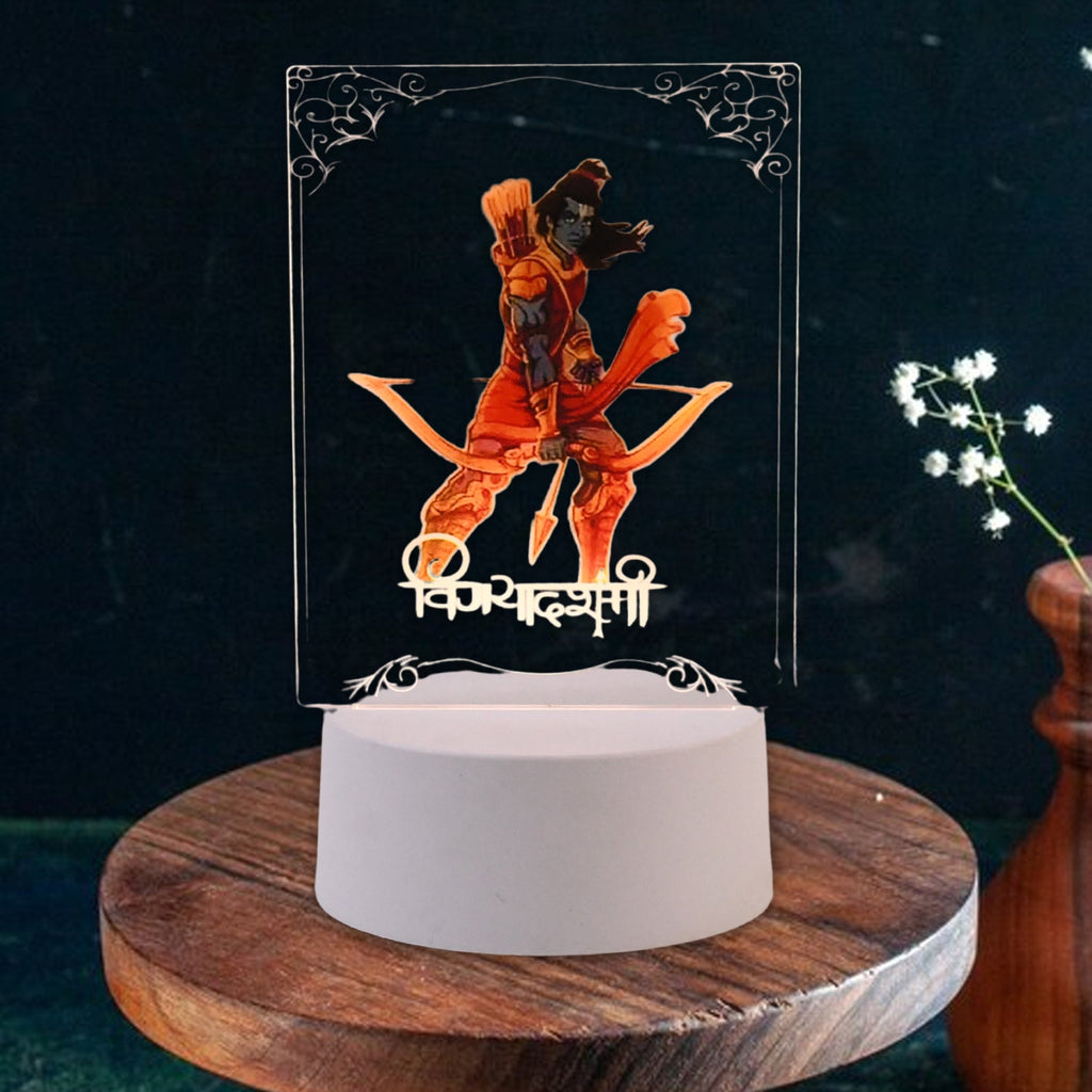 Lord Shree Ram 3D LED lamp placed on wooden surface for pooja room ambience