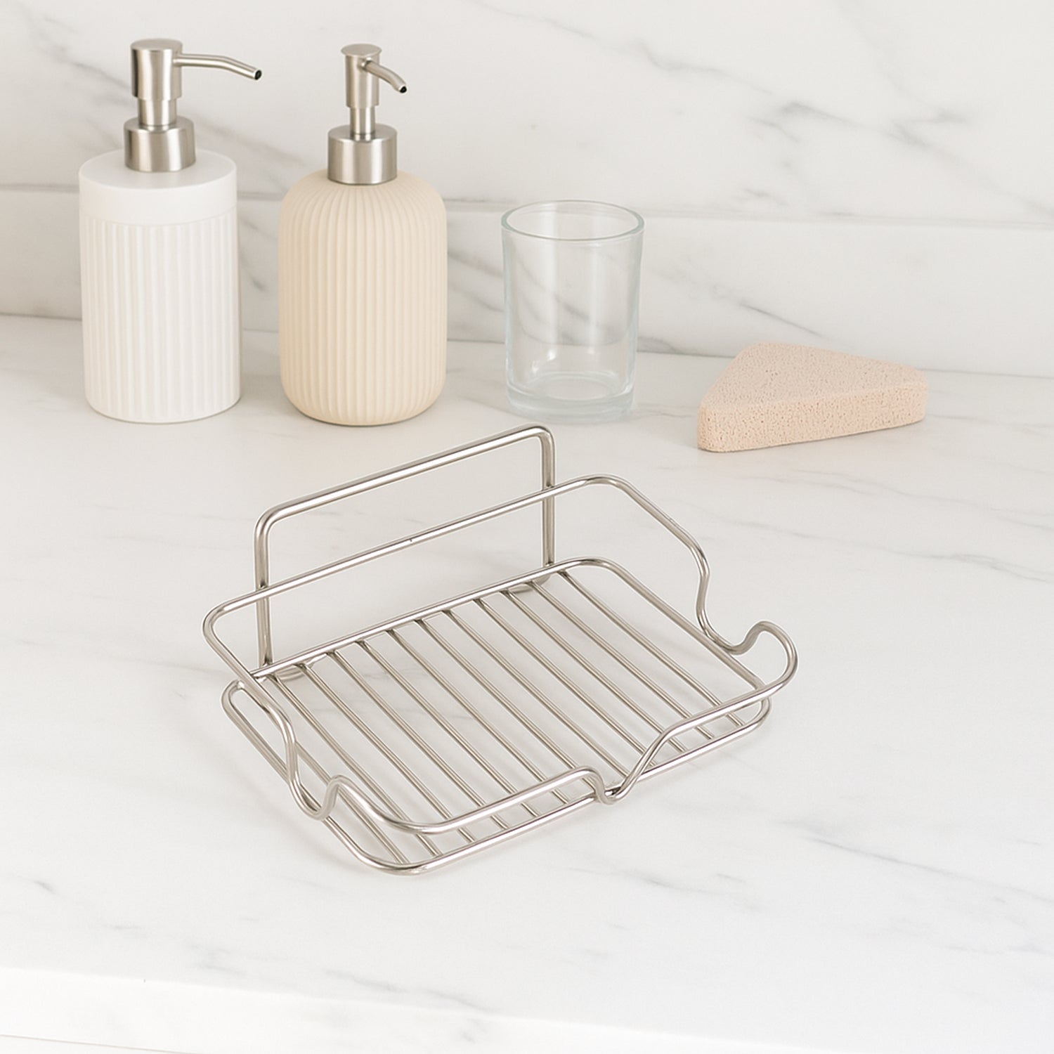Soap holder tray in a clean bathroom setting with stainless steel build
