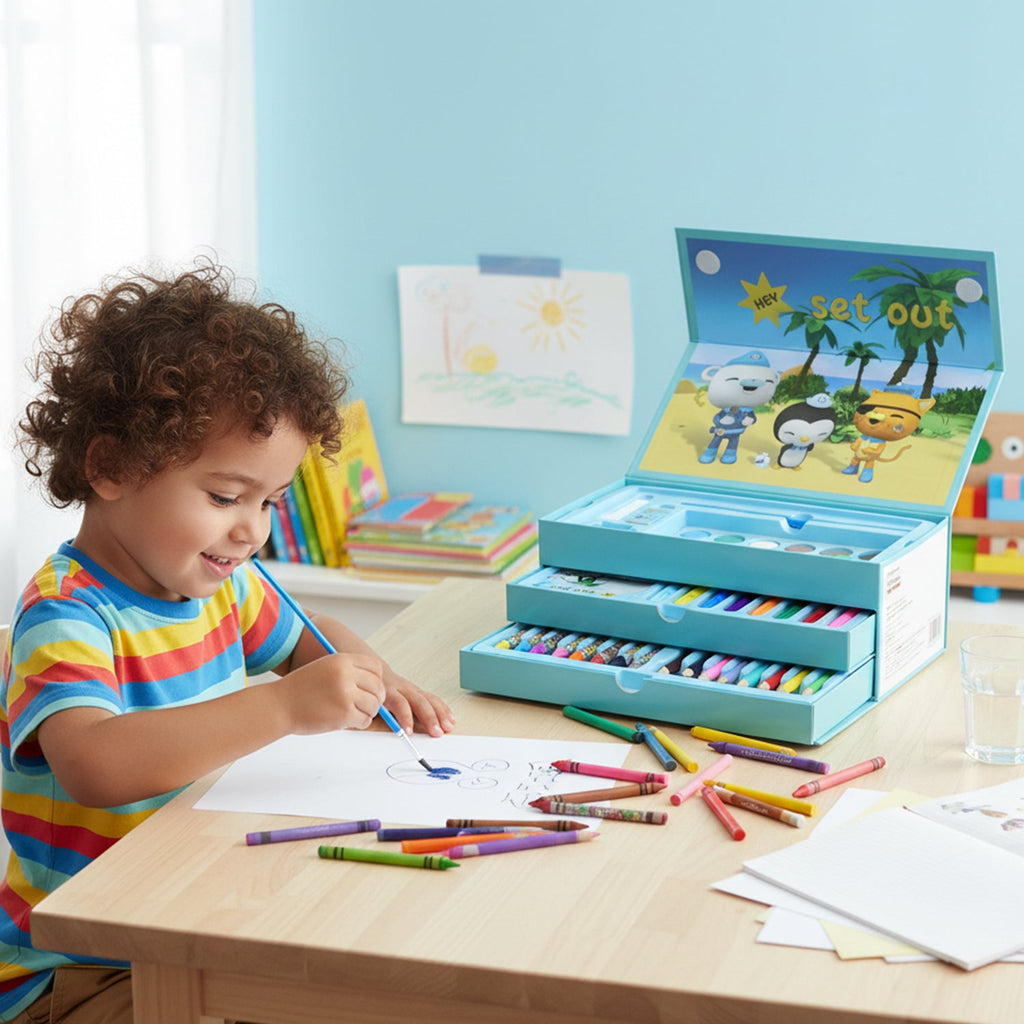 Kids painting kit with colorful watercolors and brushes in art box