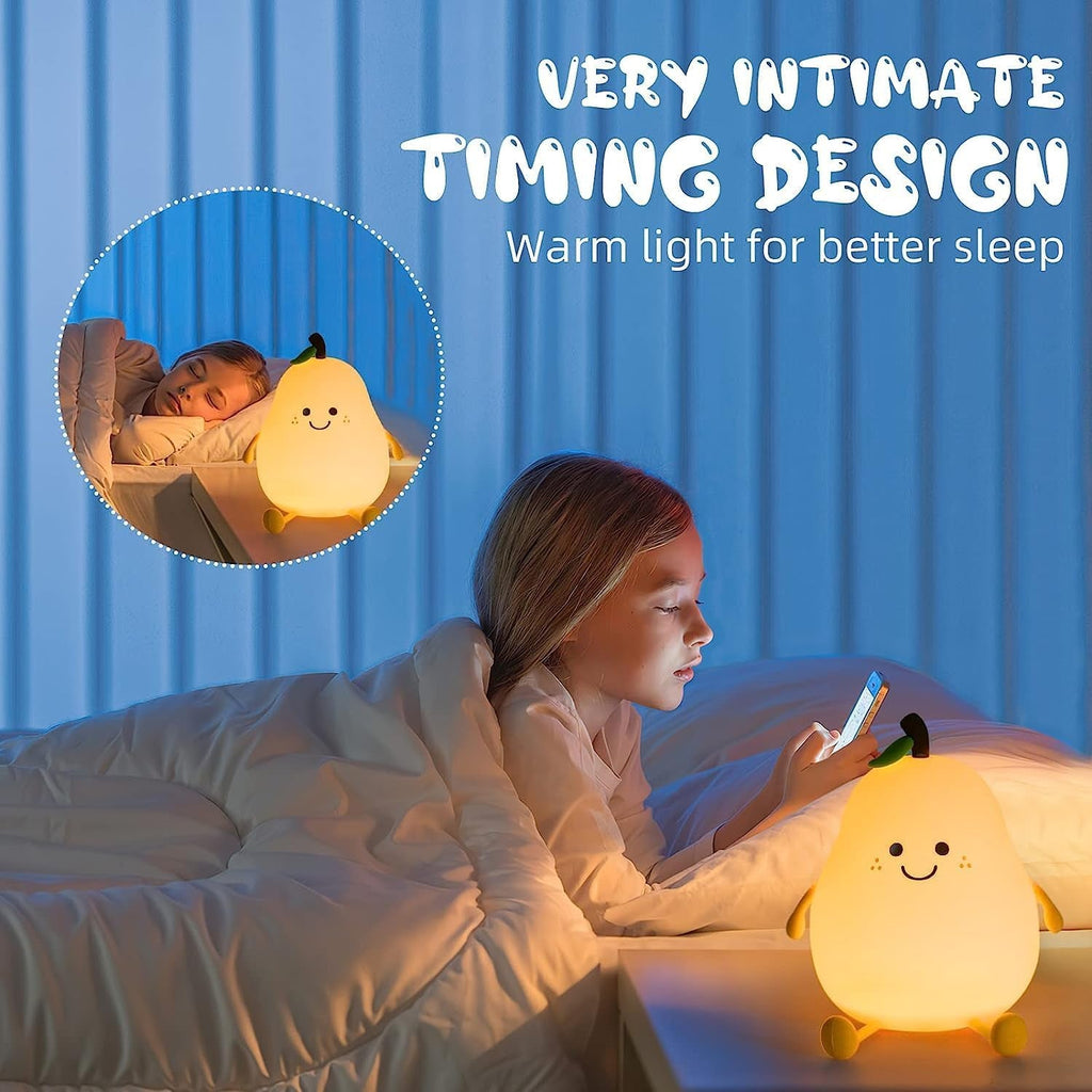 Front view of the smiling pear silicone night lamp.