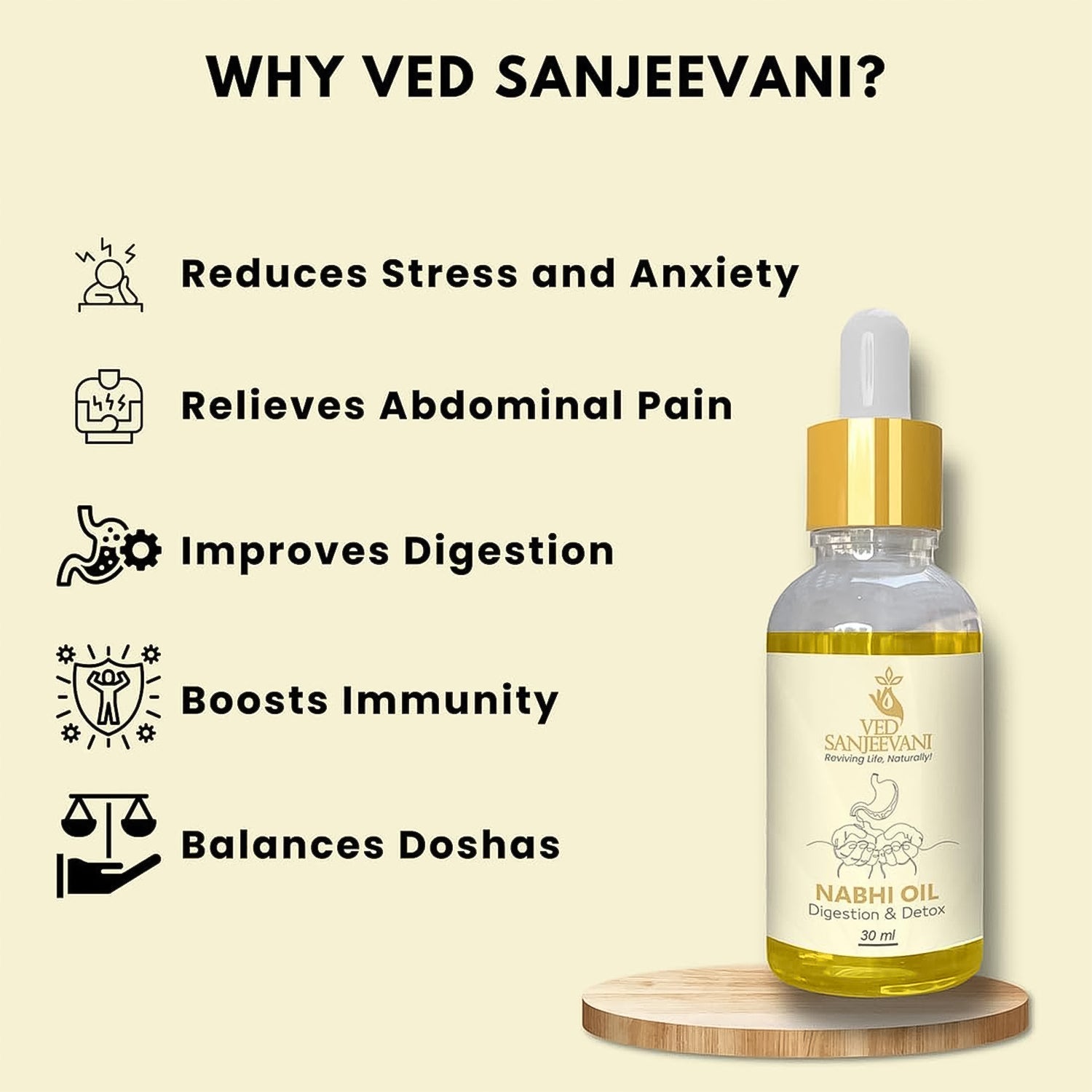Close-up of Ayurvedic Nabhi Oil bottle for gut health