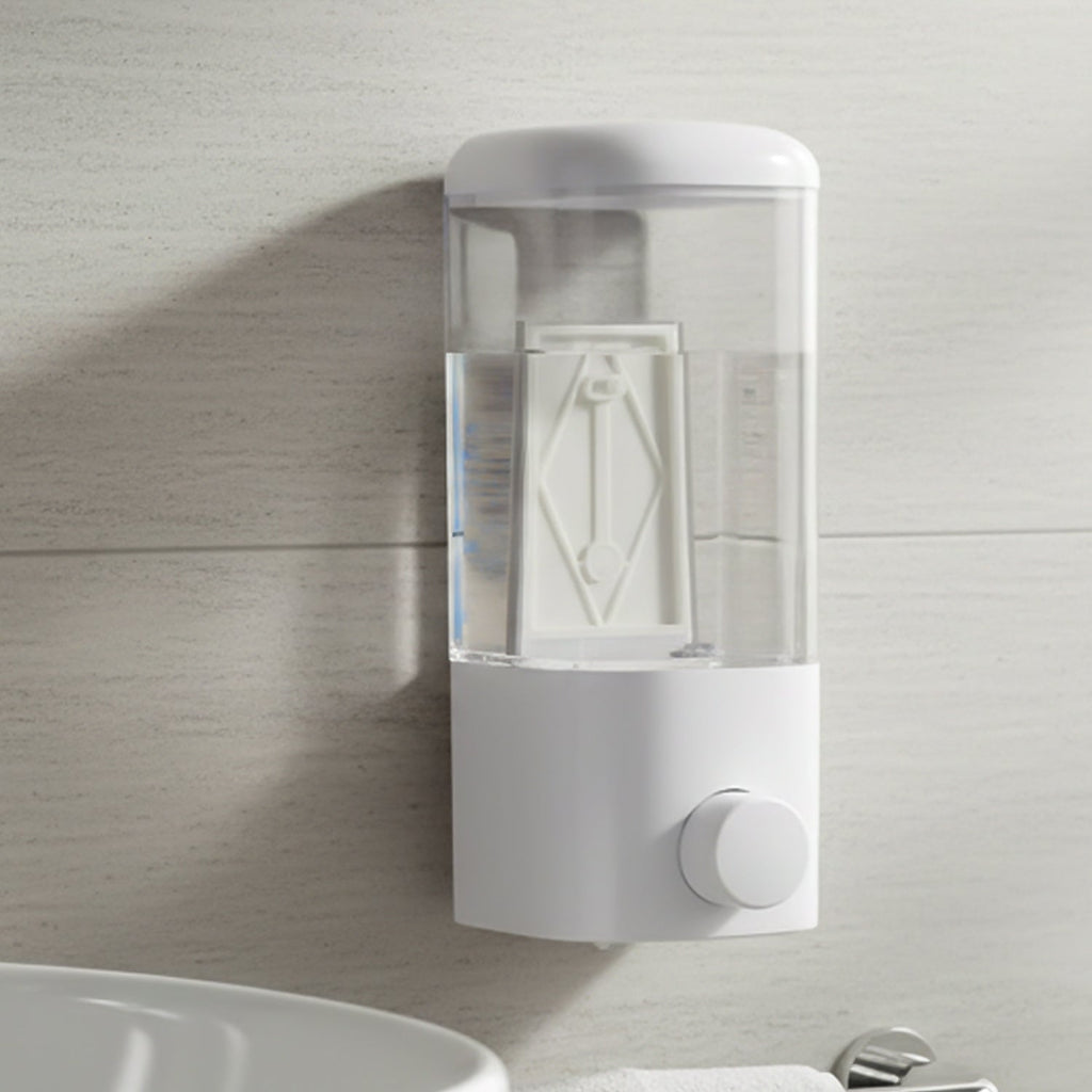 Wall mount lotion dispenser featuring manual push button
