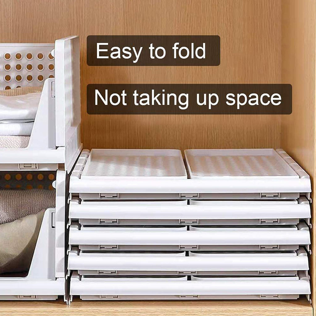 A 3-layer plastic drawer organizer, foldable and stackable for effective closet organization.
