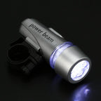 Bright LED bicycle headlight securely mounted on a bike handlebar.