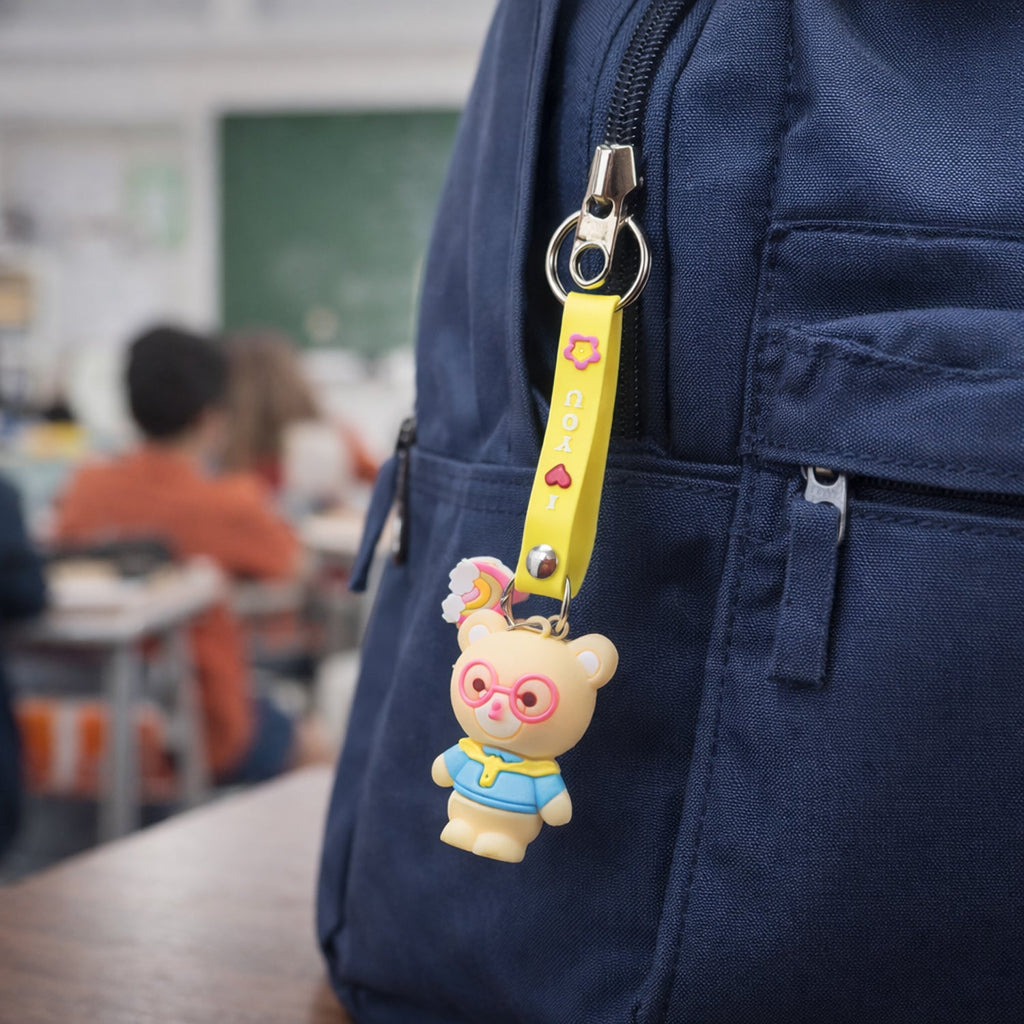Teddy bear keychain hanging from a bag zipper, colorful and decorative charm accessory