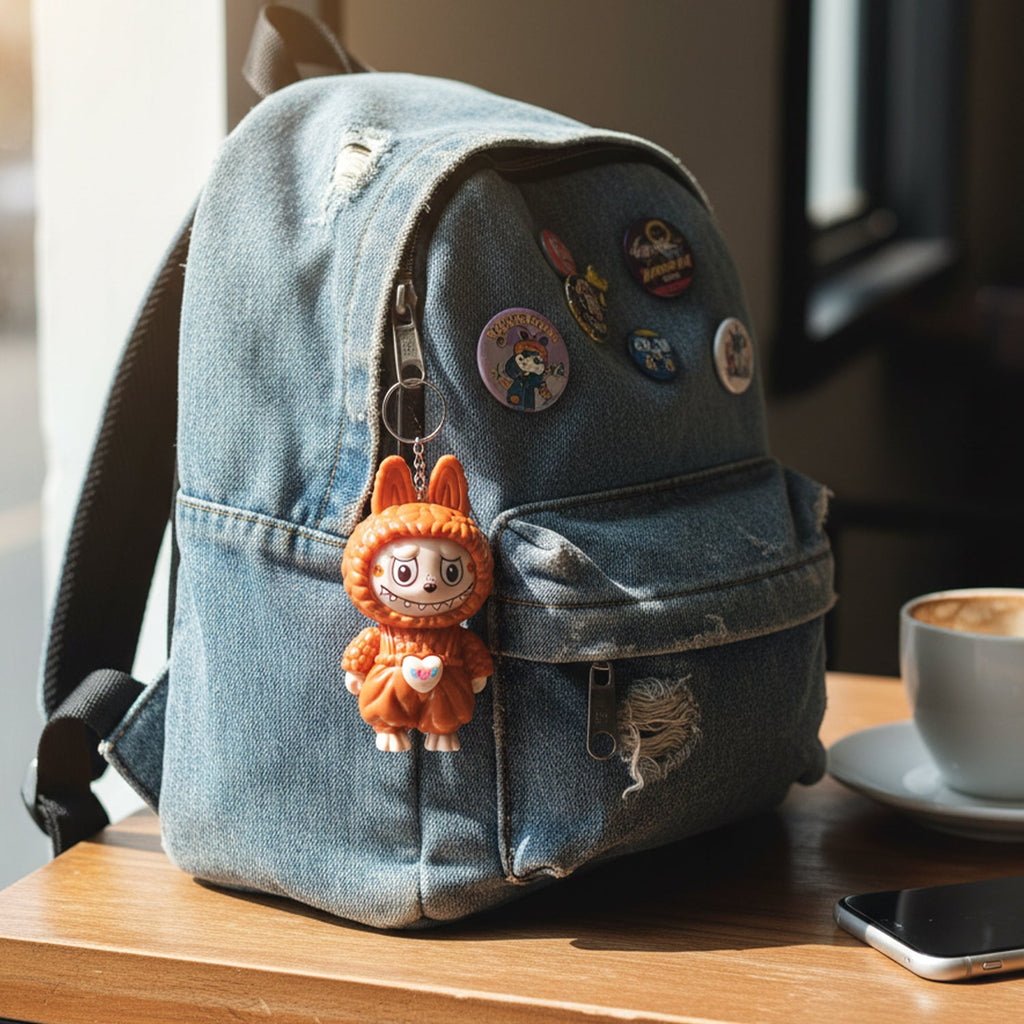 Close-up of face changing cartoon character keychain toy showing different expressions