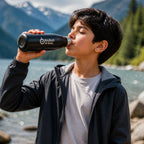 Side angle view of water bottle, ergonomic design
