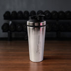Apex branded stainless steel gym shaker bottle with measurement markings