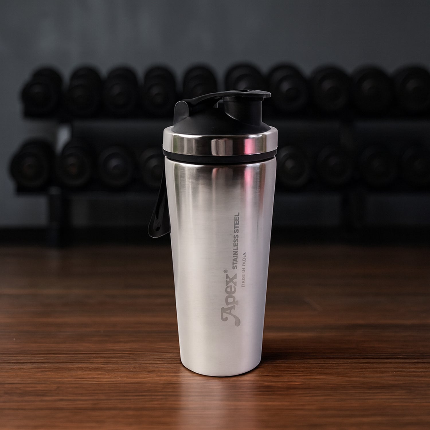 Apex branded stainless steel gym shaker bottle with measurement markings