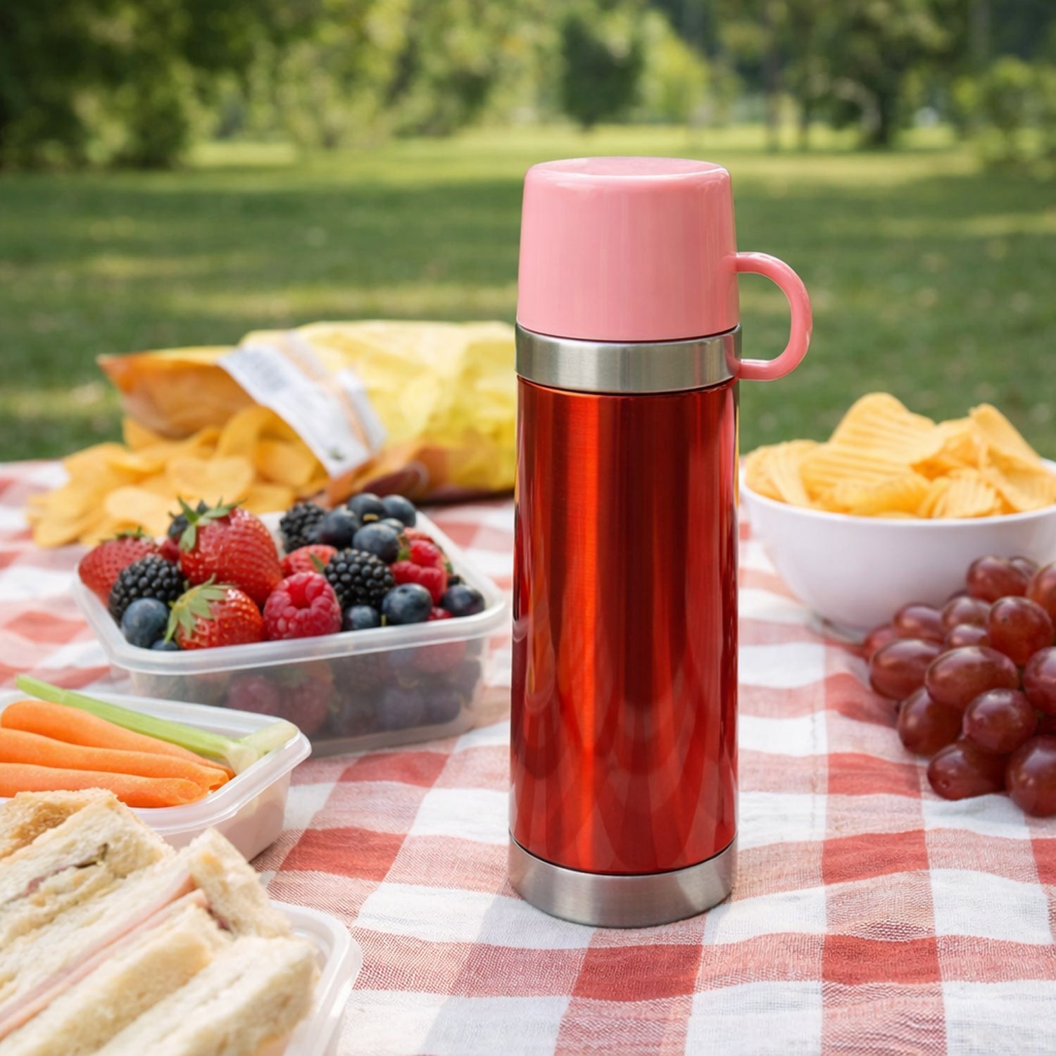 Coffee flask travel mug 500ML featuring handle lid and stainless steel base