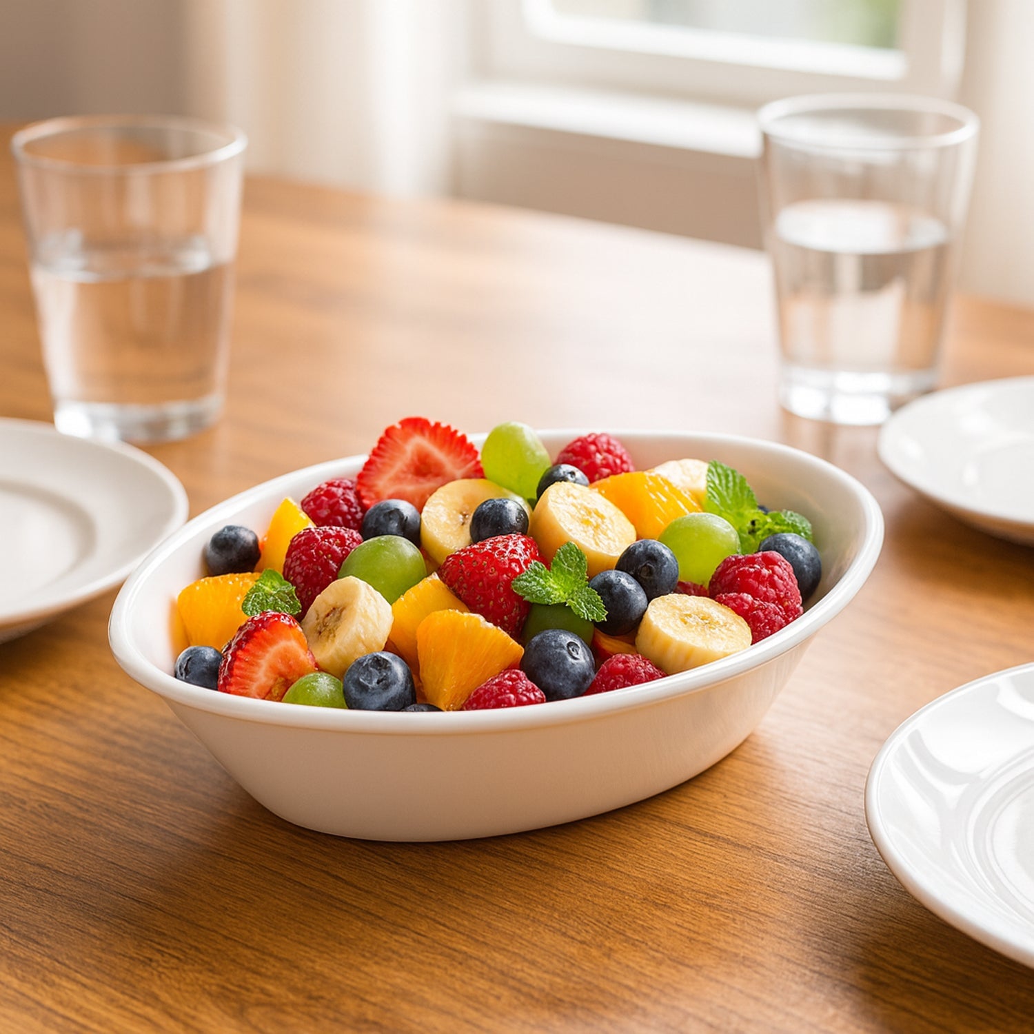 Close-up of glossy white plastic Marin oval serving bowl