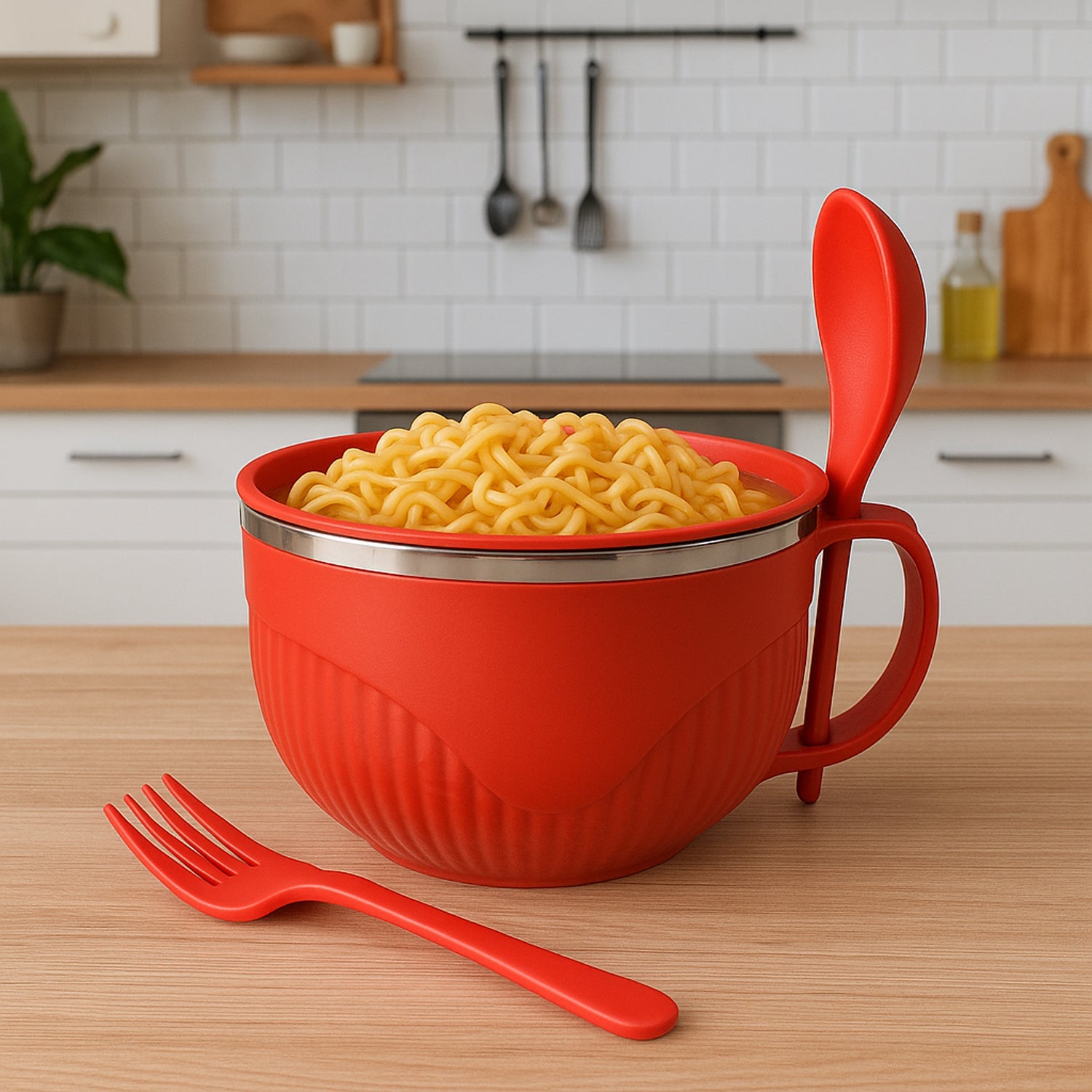 Colorful insulated soup bowl from Supermom featuring tight-fitting lid and ergonomic handle