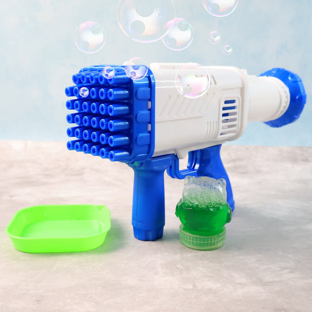 Close-up of the 32-hole bubble blaster toy emitting numerous iridescent bubbles.