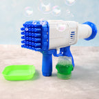 Close-up of the 32-hole bubble blaster toy emitting numerous iridescent bubbles.