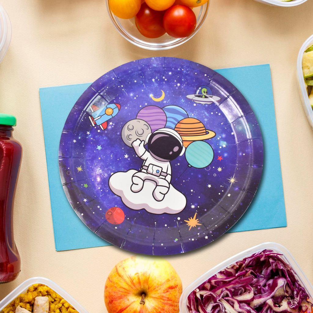 Pack of JubileeJoy brand disposable paper plates, ready for a birthday celebration.