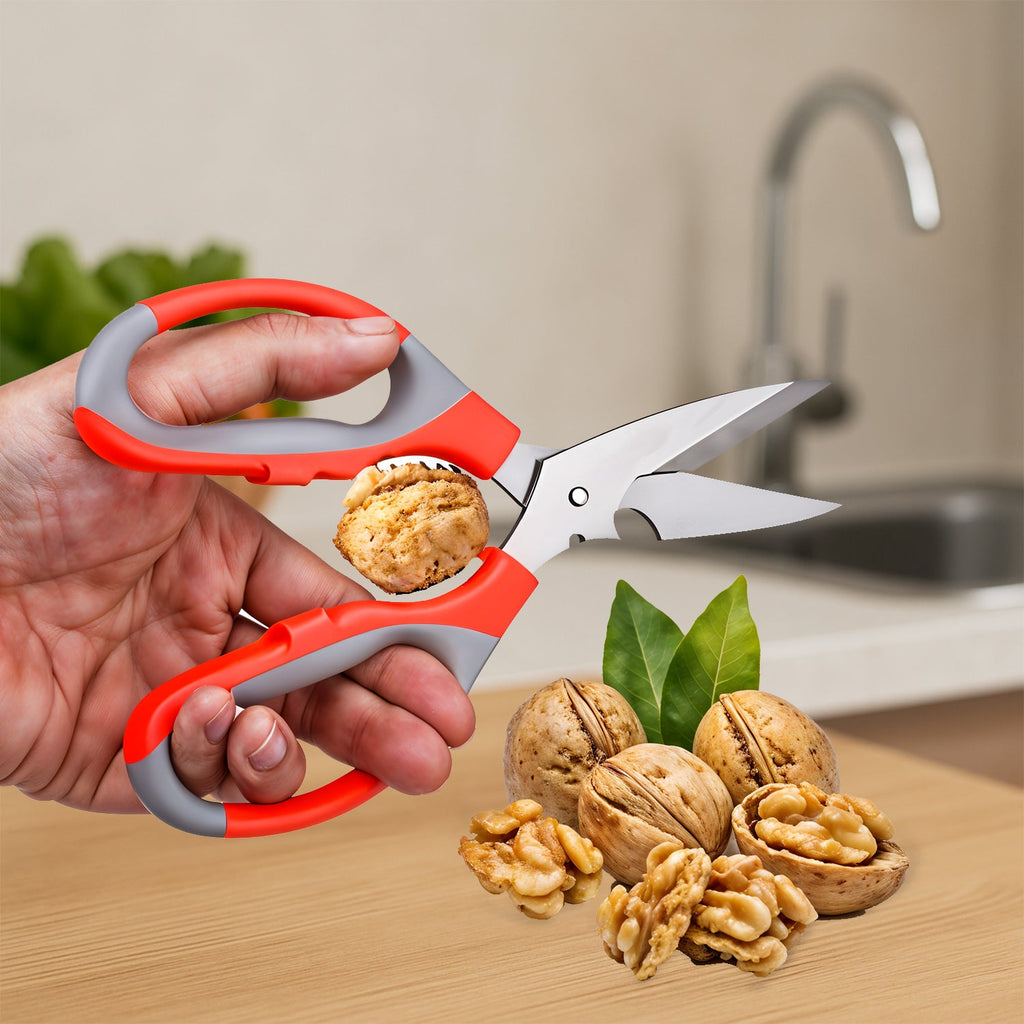 Detachable multi-function kitchen scissors disassembled, showing components for easy cleaning.
