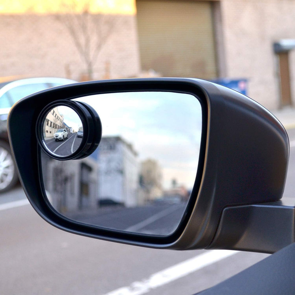 Round HD convex car blind spot mirror installed on a vehicle's side mirror.