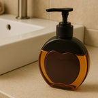 Side view of amber apple-shaped refillable liquid soap dispenser