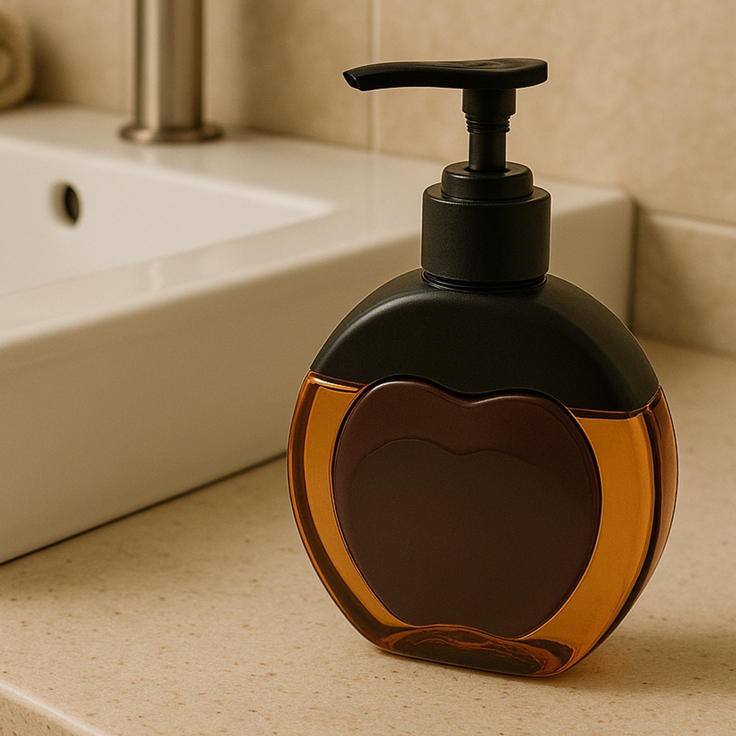 Side view of amber apple-shaped refillable liquid soap dispenser