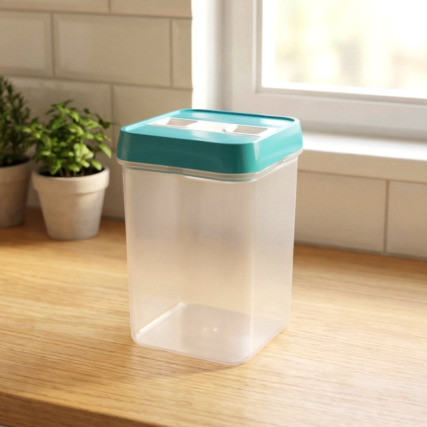 Side view of plastic storage container with easy-open lid