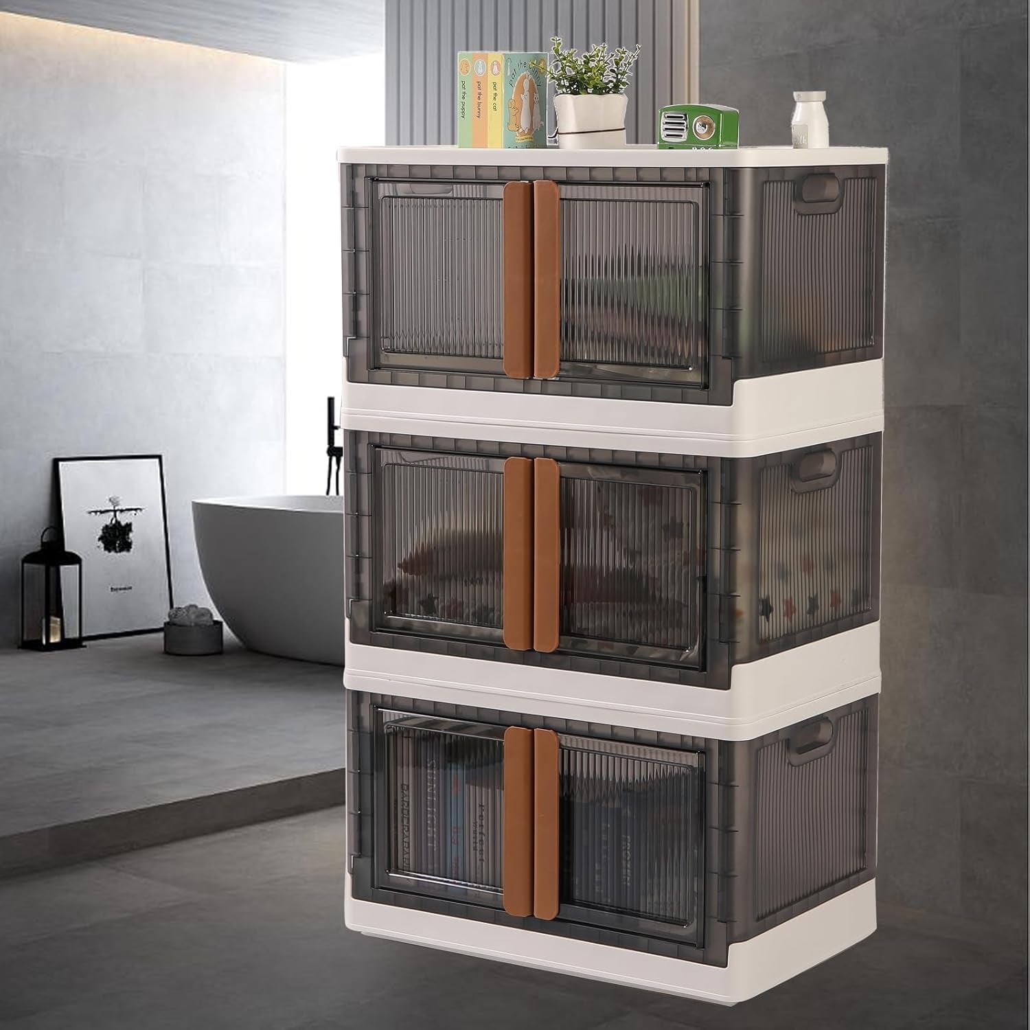 Plastic wardrobe organizer with top lid opening and folding feature