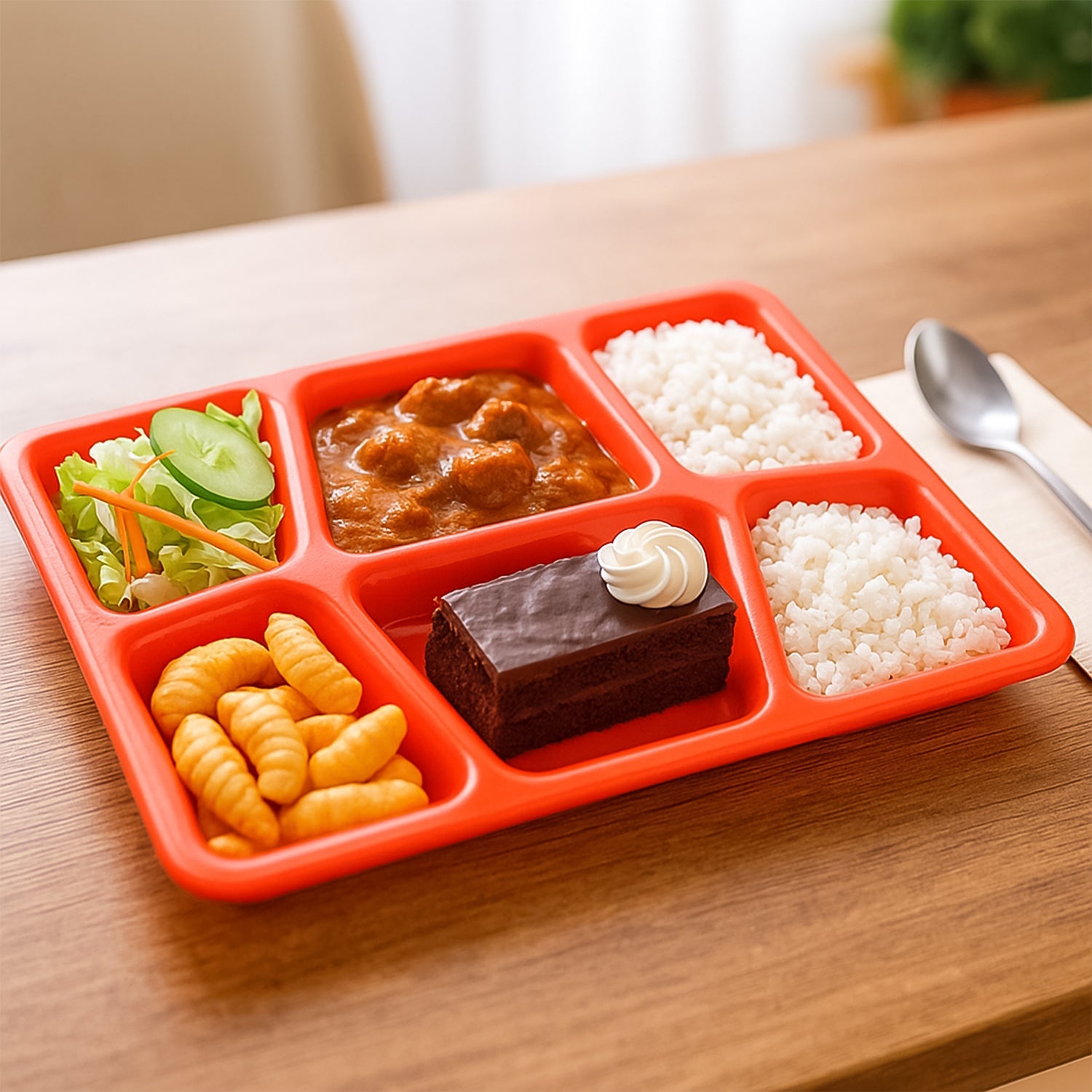Red sectioned dining plate made from food-safe plastic for mess-free meals