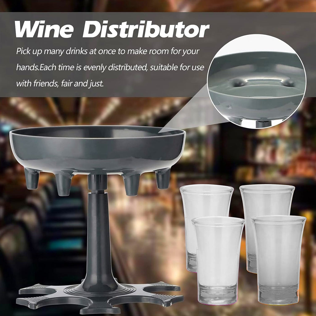 Close-up of the six shot glasses perfectly seated in the dispenser's pouring spouts.
